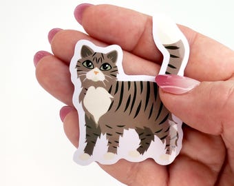 Longhaired Brown and White Tabby Cat Sticker Die Cut  Waterproof Vinyl Stickers