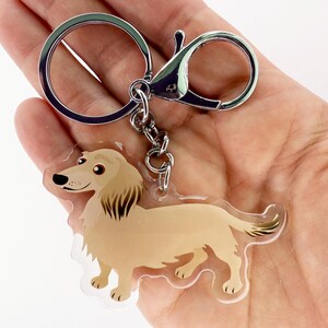 Cream LH Dachshund Keychain: Clear Acrylic Charm, Silver Key Ring