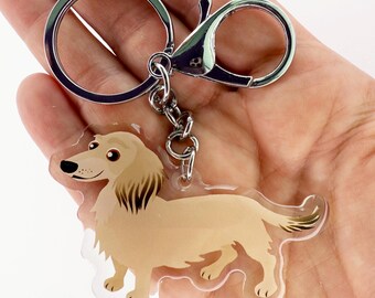Shaded Cream LH Dachshund Keychain: Clear Acrylic Charm, Silver Key Ring