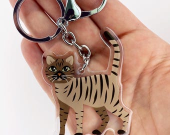 Brown Tabby Cat Keychain, Clear Acrylic Charm
