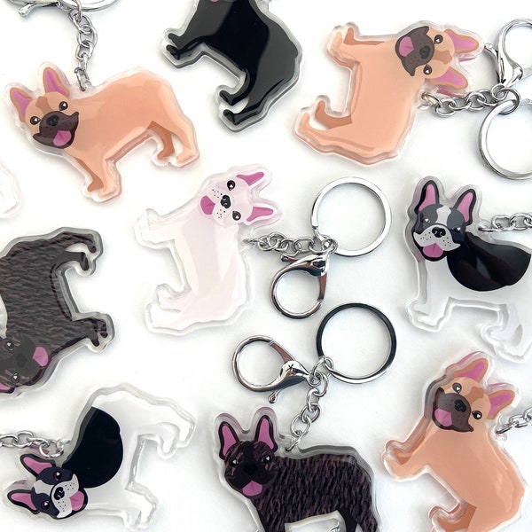 French Bulldog Keychain Cute Charm Clear Plastic and Resin Silver Key Ring Frenchie Gifts