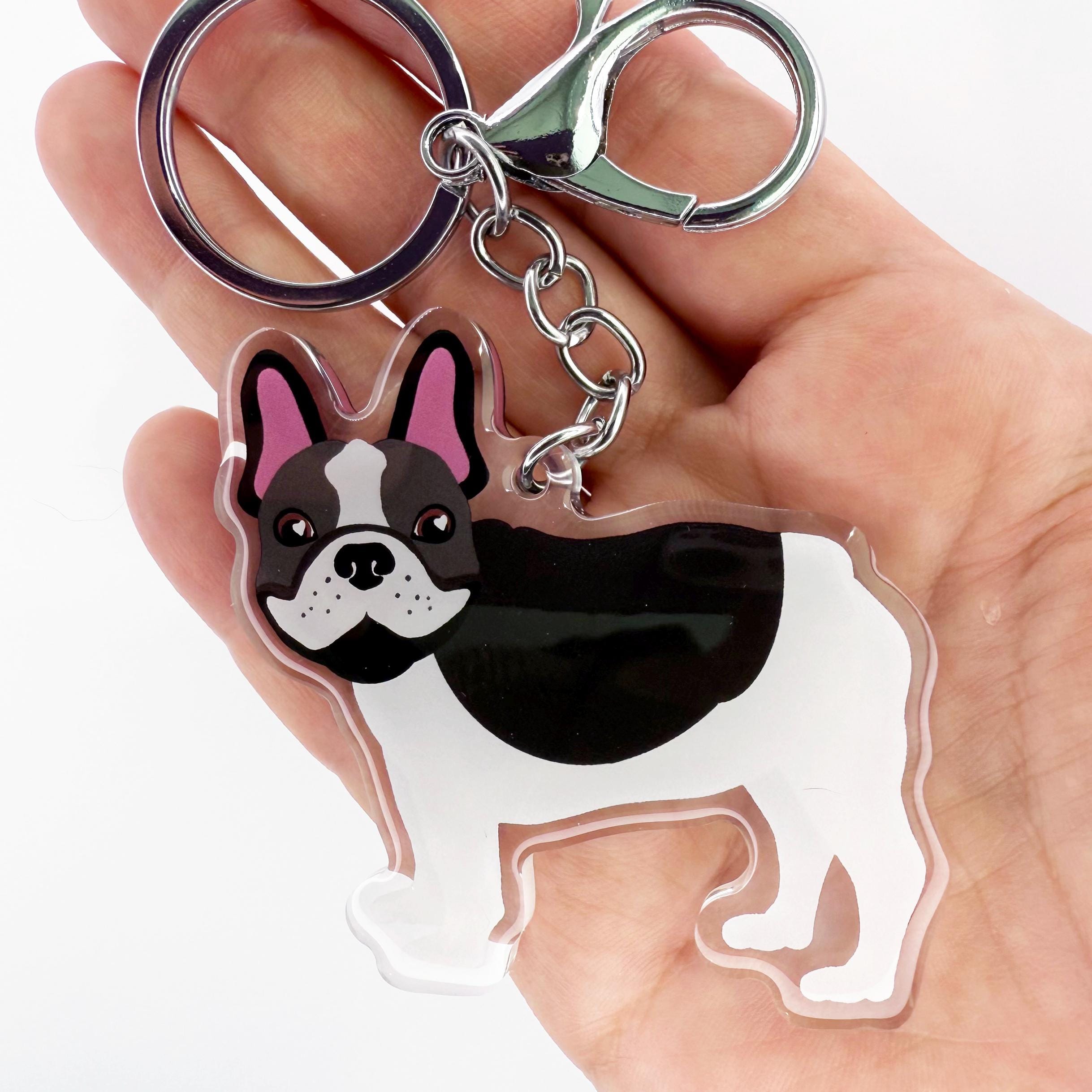 Black Pied French Bulldog Keychain: Clear Acrylic, Silver Key Ring