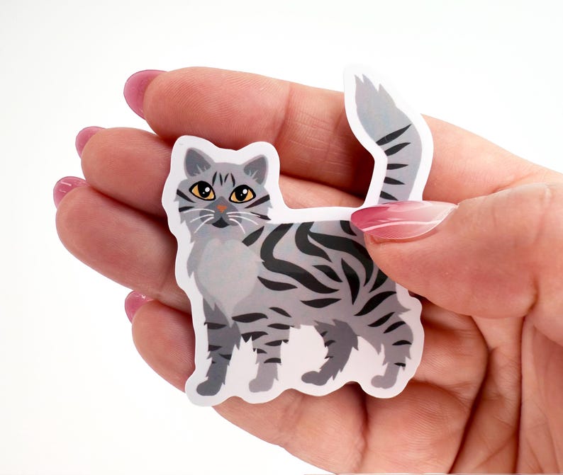 Gray Tabby Cat Waterproof Vinyl Sticker - Longhaired Cat Decal - Etsy