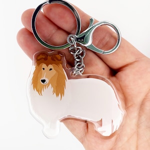 White Rough Collie Keychain Cute Charm Clear Plastic and Resin Silver Key Ring Rough Collies Gifts
