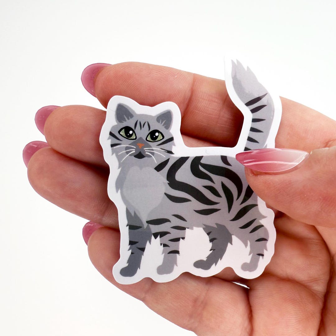 Gray Tabby Cat Waterproof Vinyl Sticker - Longhaired Cat Decal - Etsy