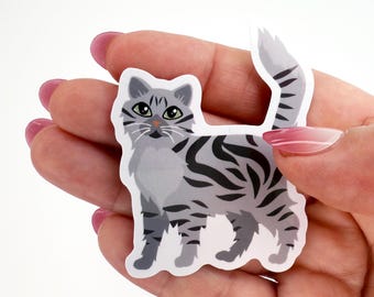 Gray Tabby Cat Waterproof Vinyl Sticker - Longhaired Cat Decal