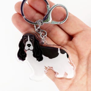 Black and White Cocker Spaniel Keychain Cute Charm Clear Plastic and Resin Silver Key Ring Cocker Spaniels Gifts
