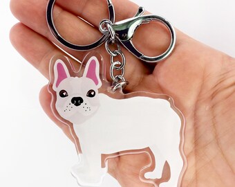 White French Bulldog Keyring: Frenchie Keychain. Silver Tone Puppy
