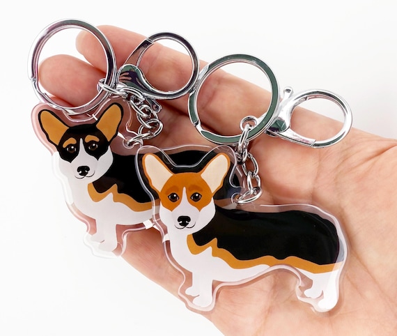 Tri Color Corgi Keychain: Clear Acrylic Charm, Silver Key Ring