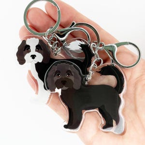 May include: Keyrings with illustrations of dogs in black, white, and brown. The keyrings have silver-coloured metal rings and clasps. One dog is black and white, and the other is solid black.