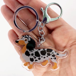 Dapple Long-haired Dachshund Keychain Cute Long-Haired Gray Dappled Dachshunds Charm Key Ring Dachshund Gifts