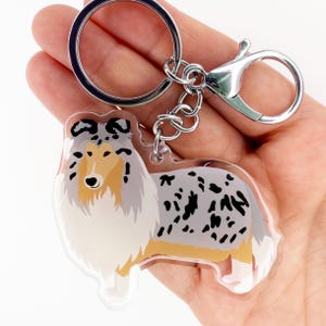 Merle Rough Collie Keychain Cute Charm Clear Plastic and Resin Silver Key Ring Rough Collies Gifts