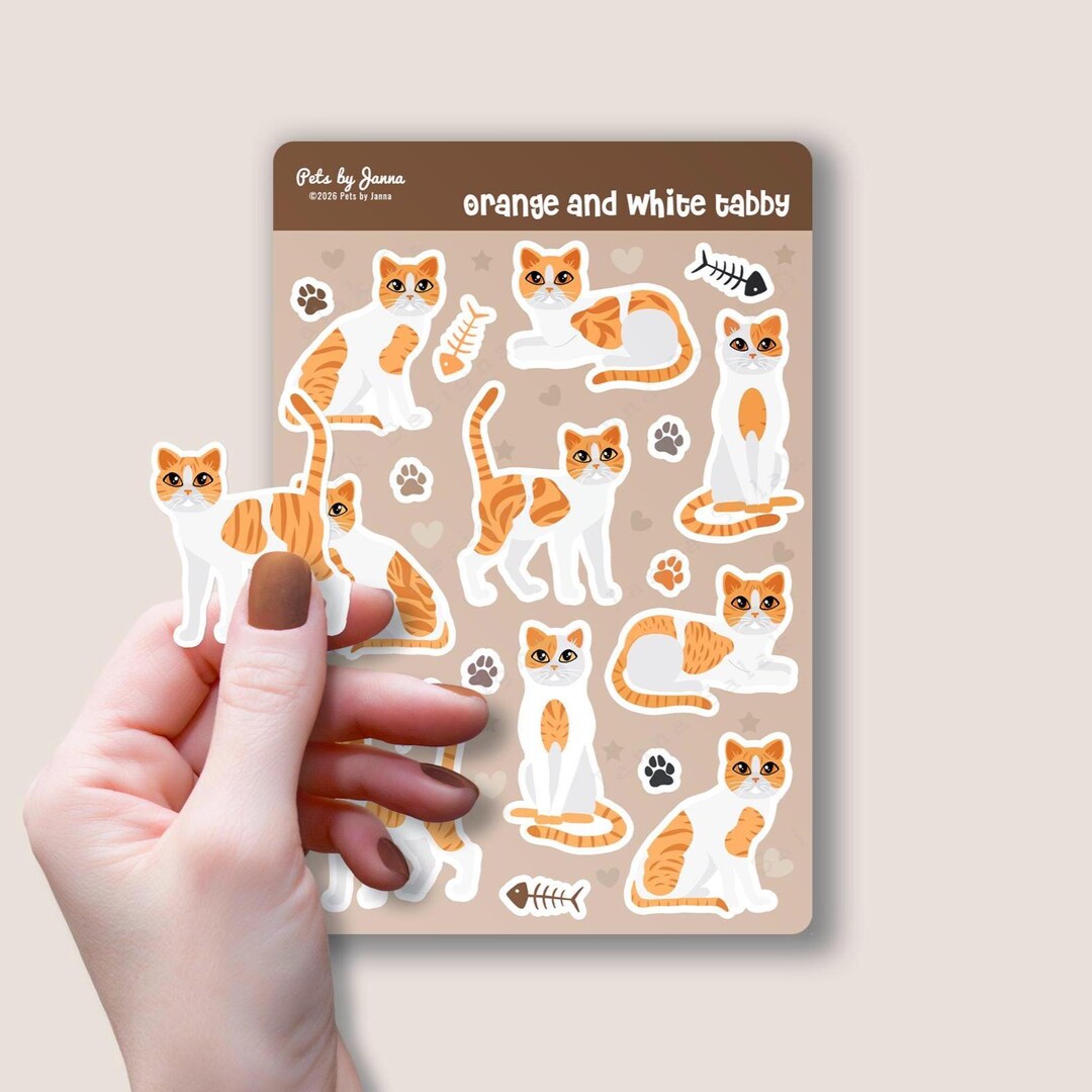 Orange and White Tabby Cat Sticker Sheet: Glossy Vinyl Water-resistant ...