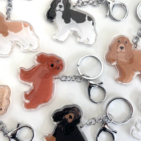 Cocker Spaniel Keychain Cute Charm Clear Plastic and Resin Silver Key Ring Cocker Spaniels Gifts