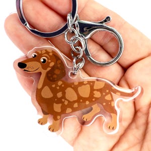 Red Dapple Dachshund Keychain Cute Dachshunds Charm Clear Acrylic and Resin Silver Key Ring