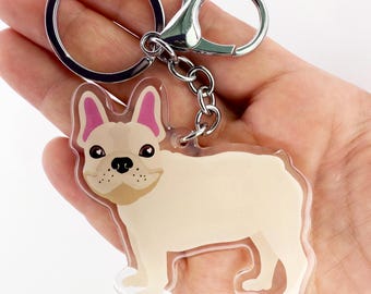 Cream French Bulldog Keychain, Clear Acrylic Frenchie Dog Charm