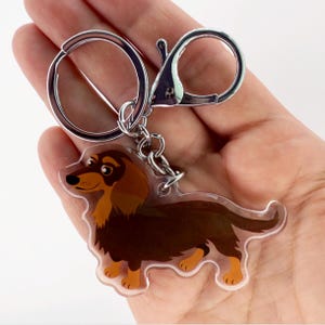 Chocolate & Tan Long-Haired Dachshund Keychain: Double-Sided Acrylic Charm