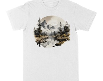May include: White t-shirt with a circular graphic of a mountain landscape with a river flowing through it. The mountains are in the background and there are trees on either side of the river.