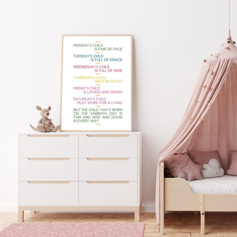 Monday's Child Poem Digital Printable Wall Art, Child's Room Print, Family Art, Parent's Gift