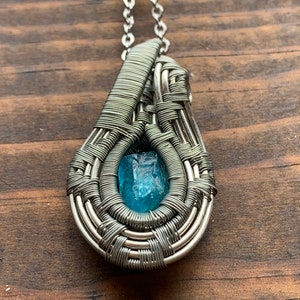Blue Apatite Teardrop Pendant Rough Wire Wrapped