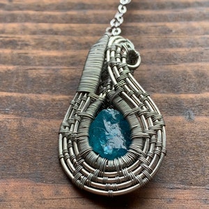 Blue Apatite Teardrop Pendant Rough Wire Wrapped