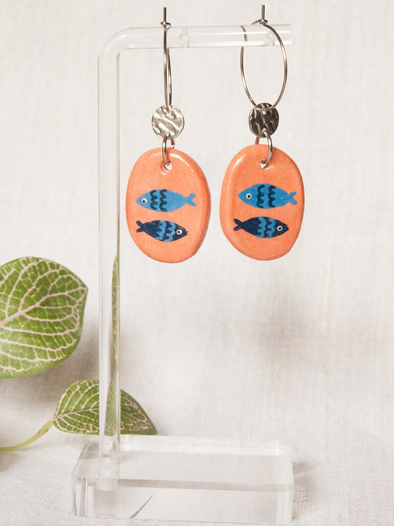 Fish Dangle Earrings Blue Fish on Red Clay Fish Jewelry Summer Jewelry Colorful Dangle Earrings
