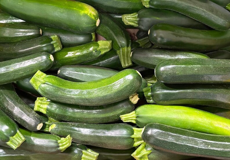 K&ouml;nnte beinhalten: Nahaufnahme eines Stapels frischer, dunkelgr&uuml;ner Zucchini. Die Zucchini sind in einem zuf&auml;lligen Muster angeordnet, wobei sich einige &uuml;berlappen.