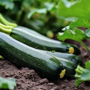 K&ouml;nnte beinhalten: Drei gr&uuml;ne Zucchini wachsen in einem Gartenbeet. Die Zucchini liegen auf dem Boden, ihre Stiele sind sichtbar. Die Zucchini sind von gr&uuml;nen Bl&auml;ttern umgeben.