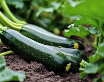 Könnte beinhalten: Drei grüne Zucchini wachsen in einem Gartenbeet. Die Zucchini liegen auf dem Boden, ihre Stiele sind sichtbar. Die Zucchini sind von grünen Blättern umgeben.