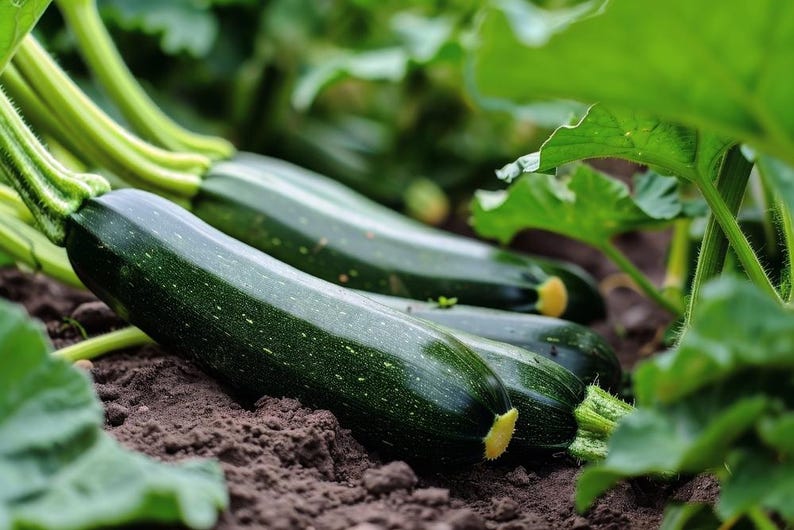 K&ouml;nnte beinhalten: Drei gr&uuml;ne Zucchini wachsen in einem Gartenbeet. Die Zucchini liegen auf dem Boden, ihre Stiele sind sichtbar. Die Zucchini sind von gr&uuml;nen Bl&auml;ttern umgeben.