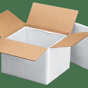 May include: A white insulated shipping box with a brown cardboard lid. The lid is open and the box is partially unfolded.