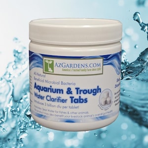May include: White plastic jar with a blue and white label. The label reads "AZGARDENS.COM America's Trusted Family Farm since 1987" and "Aquarium & Trough Water Clarifier Tabs". The jar contains white tablets.