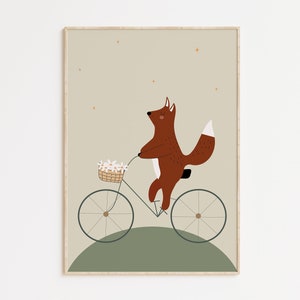 Impression de renard de chambre d'enfant, renard sur le vélo, fleur de marguerite, conception gaie, minimalisme scandinave, genre neutre, art de mur d'animal, idée de cadeau