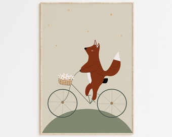 Kids Room Fox Print, Fox On The Bike, Daisy Flower, Cheerful Design, Scandinavian Minimalism, Gender Neutral, Animal Wall Art, Gift Idea