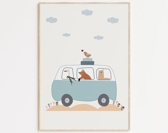 Estampado animal de la habitación para niños, ganso, zorro, arte de la pared de alpaca, decoración de la pared de la naturaleza, decoración de la pared de la guardería, colores claros alegres, género neutro, idea de regalo