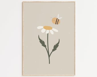 Impresión de margaritas de habitación para niños, arte de pared de abejas, tarjeta de cumpleaños, diseño minimalista, decoración de guardería lúdica, colores neutros, idea de regalo, diseño elegante