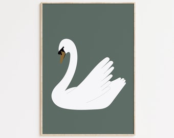 May include: A white swan with a brown beak and black eyes is depicted against a dark green background. The swan is facing left and has its wings spread out.