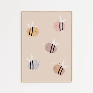 Impresión colorida de la habitación de los niños, arte de la pared del vivero de abejas, cartel de abejas, impresión del vivero de abejas, impresión digital neutral de género, arte lindo de la pared de la abeja del bebé, mínimo