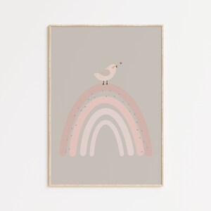 Kinderzimmer Blush Regenbogen Digitaldruck, Kinderzimmer Vogel Poster, Wandkunst für Baby Mädchen Spielzimmer, Sofortiger Download Kleinkind Zimmer Digitaldruck