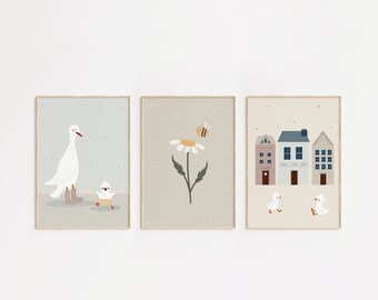 Goose Print, Bundle of 3, Versatile Print, Goose Nursery Art, Gender Neutral Kids Room Decor, Pastel Color Kids Room Art, Birds Nusery Art
