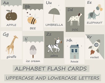 Cartes flash imprimables avec alphabet, Lettres majuscules et minuscules, Carte flash Montessori préscolaire, Fournitures scolaires, Premiers mots d'enfants