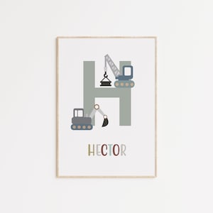 Arte de pared personalizado, impresión con letra personalizada, póster de tractor, vehículo de construcción, impresión escandinava para niños con excavadora, póster de excavadora para bebés