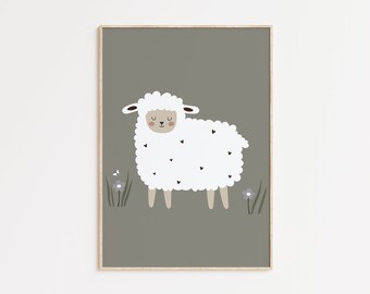 Impresión de vivero de ovejas de género neutro, arte de pared con estilo minimalista escandinavo, decoración de animales de guardería para bebés, lindo cartel de animales de granja para bebé