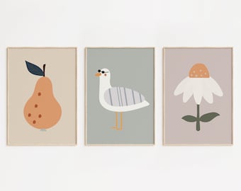 Set of 3 Prints, Pear, Seagull, Flower Poster For Nursery, Food Wall Art, Birds, Flower, Fruit Print, Minimalistic Modern Decor, Daisy Art