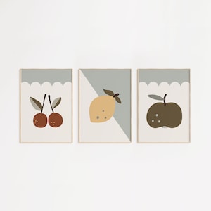 Set Of 3 Fruit Prints For Nursery, Lemon, Apple, Cherry Posters For Kids, Scandinavian Minimalism For Toddlers Room, Fruits Print Baby Room