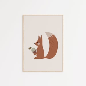 Eichhörnchen und Eichel Wandkunst, Eichhörnchen Poster für Kinderzimmer, Wald minimalistische Wandkunst für Kinder Skandinavisch, Wald Kinderzimmer Dekor Mädchen Junge
