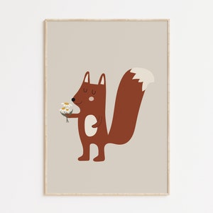 Stampa scoiattolo per camera dei bambini, stile Boho, colori neutri, stile scandinavo, minimalista, stampa animalier per la cameretta dei bambini, idea di stampa marrone, trendy