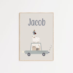 Arte murale personalizzata, stampa con nome personalizzato, auto, gatto, pecora, uccello, poster carino, stampa con nome personalizzato, nome iniziale personalizzato