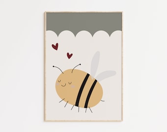 Arte de la pared de la abeja del vivero, impresión del corazón de la abeja súper linda, cartel elegante de la habitación del bebé, impresión del vivero boho de la abeja, decoración de la pared de la abeja del bebé neutral del género