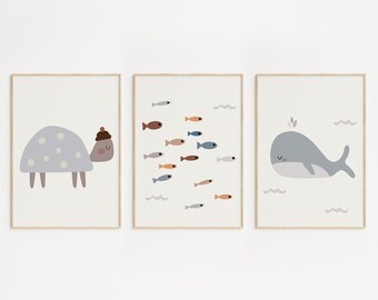 Conjunto de 3 grabados, tortuga marina, ballena, cartel de peces para vivero, decoración moderna minimalista, vida oceánica, arte de pared marina, decoración costera